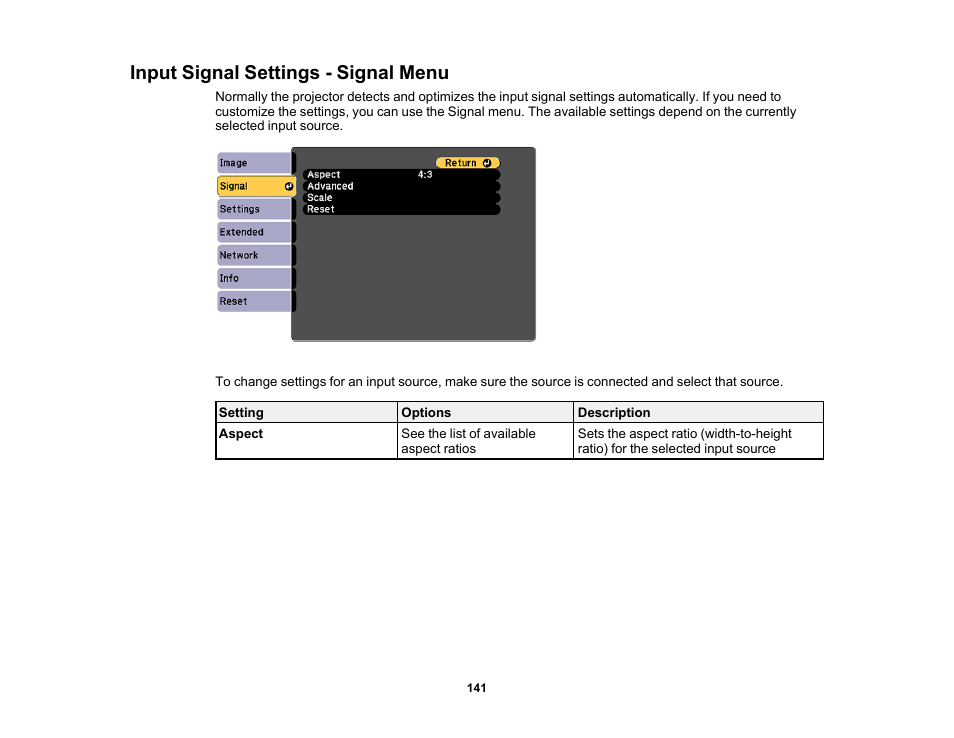 Input signal settings - signal menu | Epson LightScene EV-115 2200-Lumen WXGA Laser 3LCD Projector (Black) User Manual | Page 141 / 210