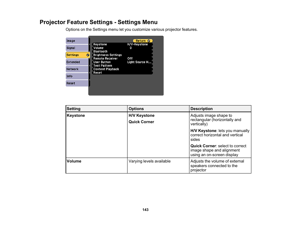 Projector feature settings - settings menu | Epson LightScene EV-115 2200-Lumen WXGA Laser 3LCD Projector (Black) User Manual | Page 143 / 210