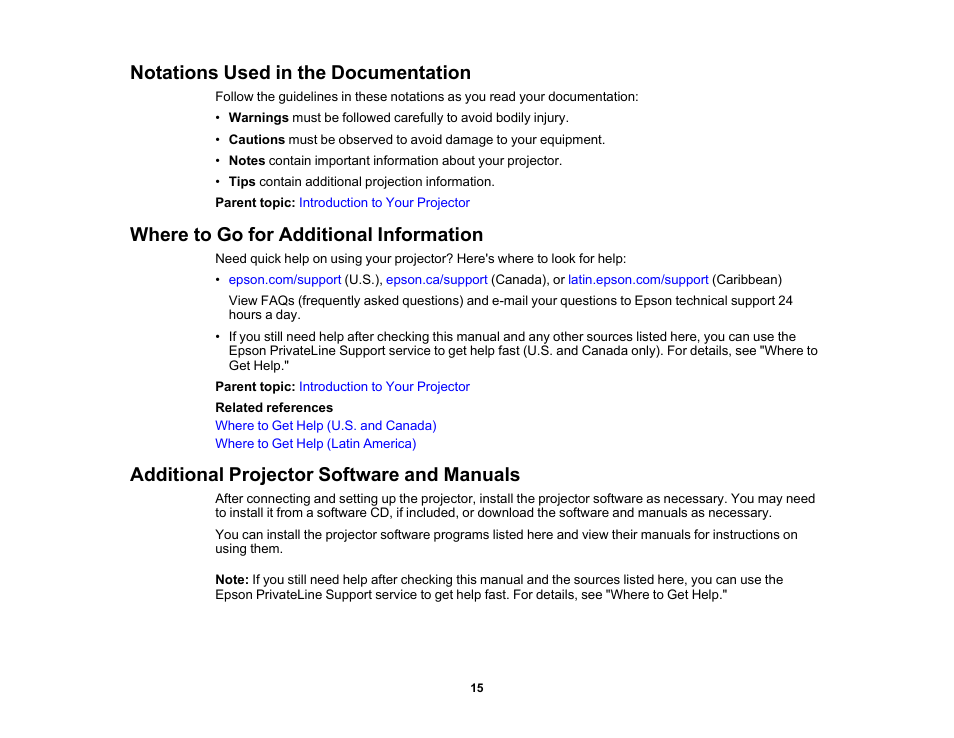 Notations used in the documentation, Where to go for additional information, Additional projector software and manuals | Epson LightScene EV-115 2200-Lumen WXGA Laser 3LCD Projector (Black) User Manual | Page 15 / 210