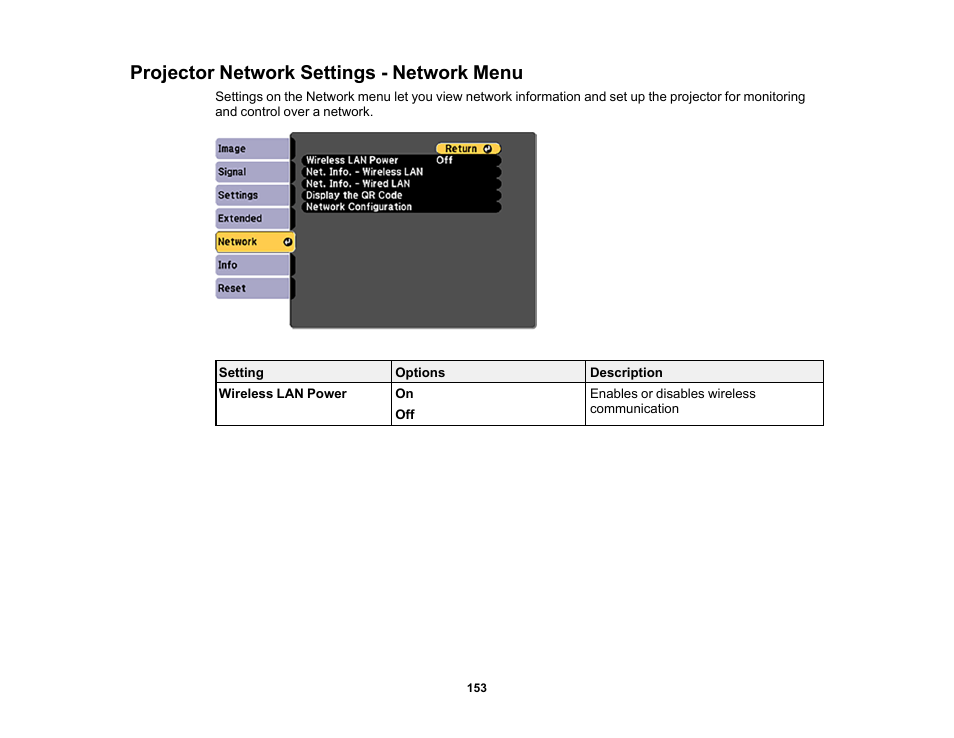 Projector network settings - network menu | Epson LightScene EV-115 2200-Lumen WXGA Laser 3LCD Projector (Black) User Manual | Page 153 / 210