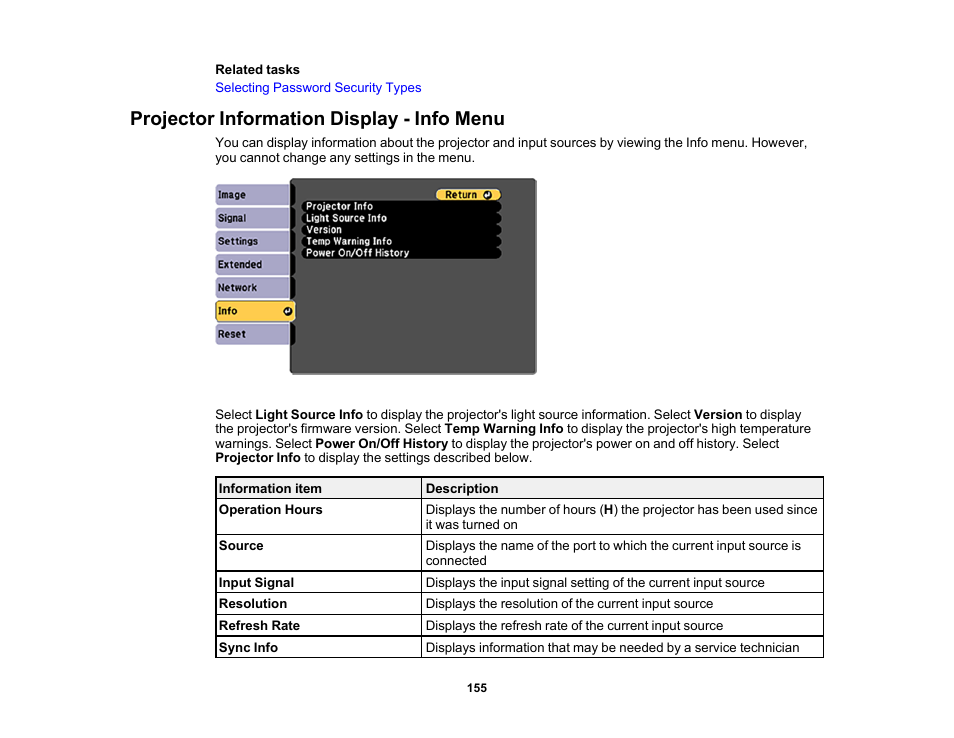 Projector information display - info menu | Epson LightScene EV-115 2200-Lumen WXGA Laser 3LCD Projector (Black) User Manual | Page 155 / 210