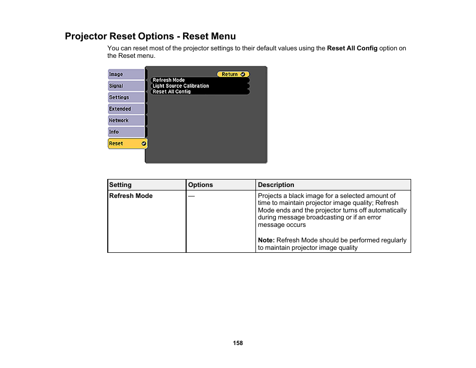 Projector reset options - reset menu | Epson LightScene EV-115 2200-Lumen WXGA Laser 3LCD Projector (Black) User Manual | Page 158 / 210