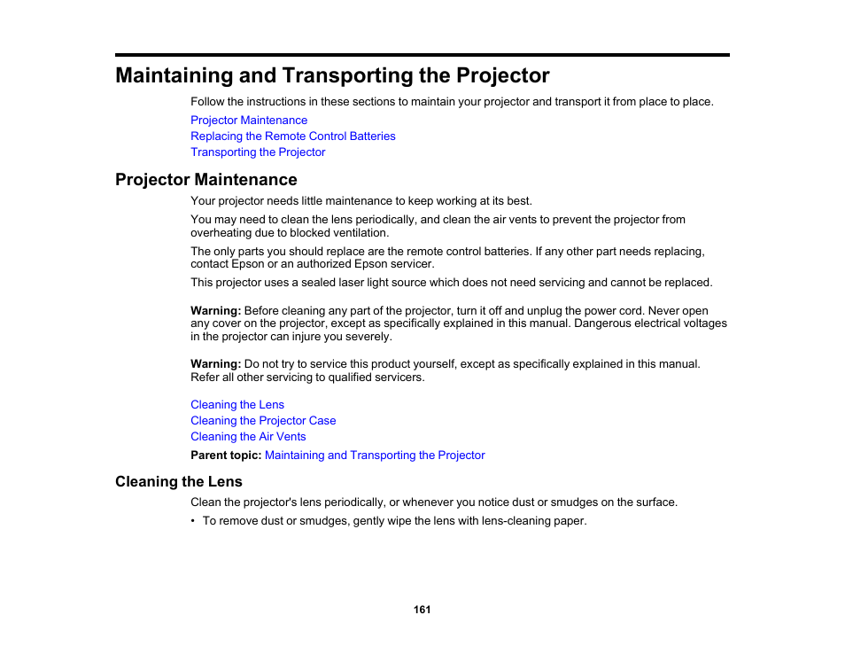 Maintaining and transporting the projector, Projector maintenance, Cleaning the lens | Epson LightScene EV-115 2200-Lumen WXGA Laser 3LCD Projector (Black) User Manual | Page 161 / 210