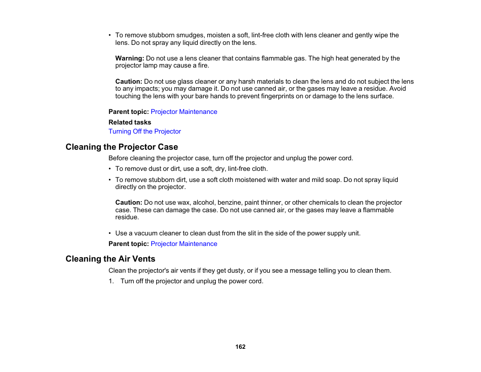 Cleaning the projector case, Cleaning the air vents, Cleaning the projector case cleaning the air vents | Epson LightScene EV-115 2200-Lumen WXGA Laser 3LCD Projector (Black) User Manual | Page 162 / 210