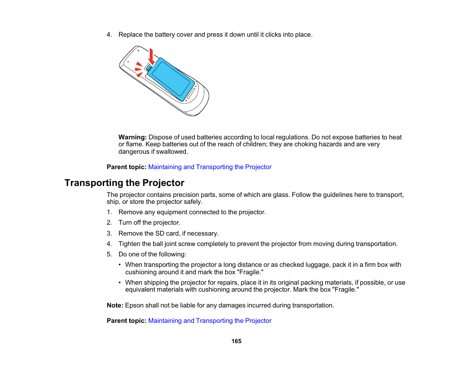 Transporting the projector | Epson LightScene EV-115 2200-Lumen WXGA Laser 3LCD Projector (Black) User Manual | Page 165 / 210