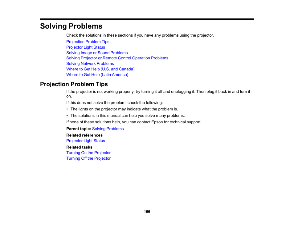 Solving problems, Projection problem tips | Epson LightScene EV-115 2200-Lumen WXGA Laser 3LCD Projector (Black) User Manual | Page 166 / 210