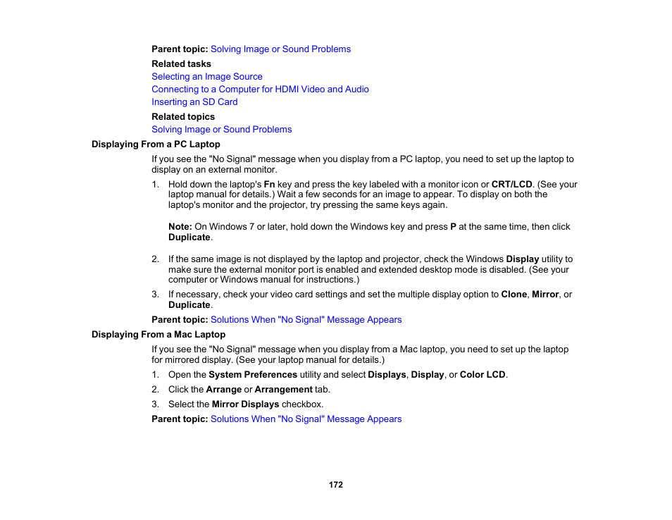 Displaying from a pc laptop, Displaying from a mac laptop | Epson LightScene EV-115 2200-Lumen WXGA Laser 3LCD Projector (Black) User Manual | Page 172 / 210