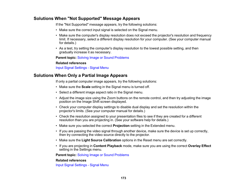 Solutions when "not supported" message appears, Solutions when only a partial image appears | Epson LightScene EV-115 2200-Lumen WXGA Laser 3LCD Projector (Black) User Manual | Page 173 / 210