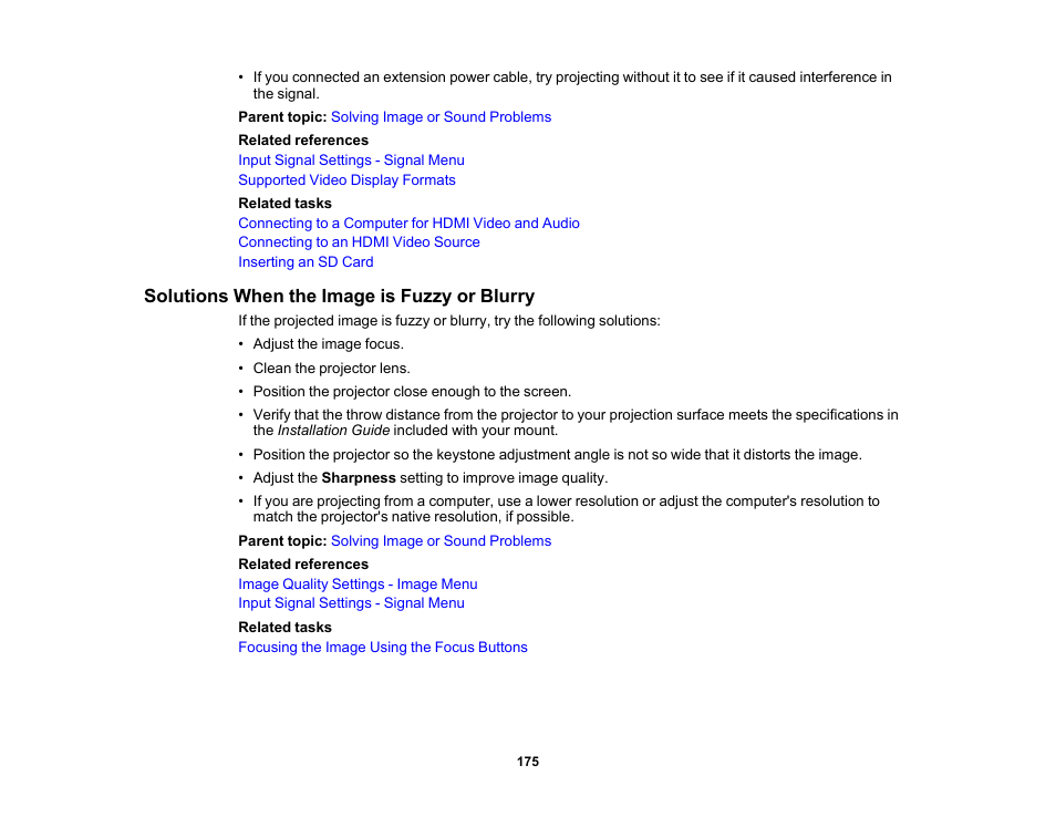 Solutions when the image is fuzzy or blurry | Epson LightScene EV-115 2200-Lumen WXGA Laser 3LCD Projector (Black) User Manual | Page 175 / 210