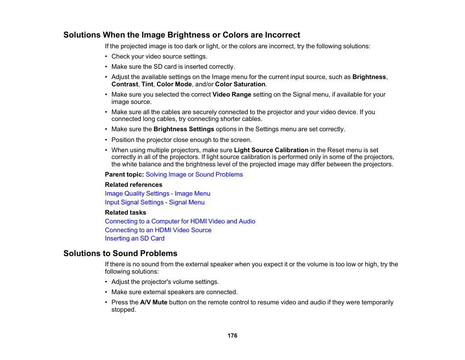 Solutions to sound problems | Epson LightScene EV-115 2200-Lumen WXGA Laser 3LCD Projector (Black) User Manual | Page 176 / 210