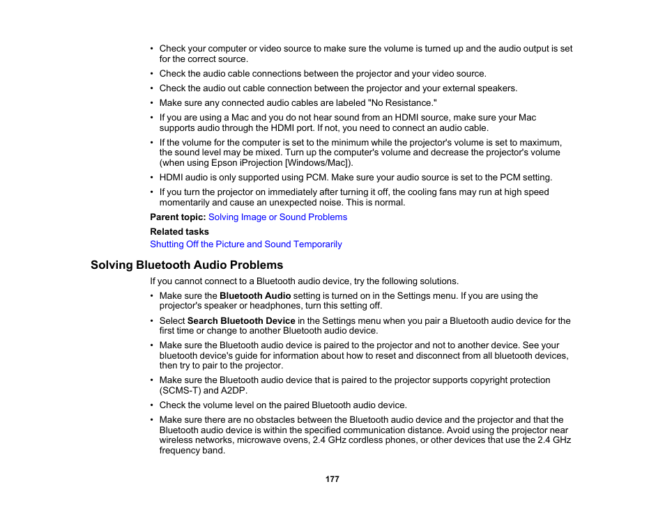 Solving bluetooth audio problems | Epson LightScene EV-115 2200-Lumen WXGA Laser 3LCD Projector (Black) User Manual | Page 177 / 210