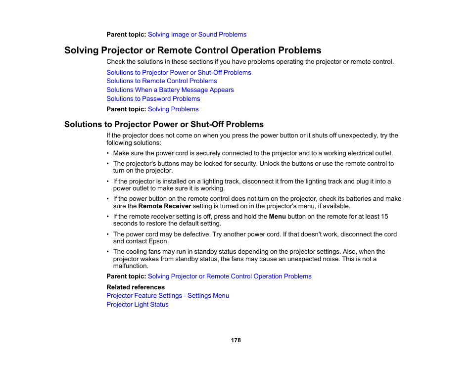 Solutions to projector power or shut-off problems | Epson LightScene EV-115 2200-Lumen WXGA Laser 3LCD Projector (Black) User Manual | Page 178 / 210