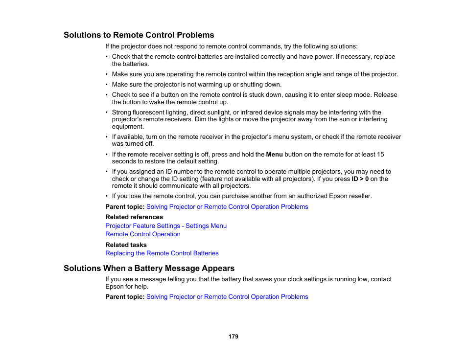 Solutions to remote control problems, Solutions when a battery message appears | Epson LightScene EV-115 2200-Lumen WXGA Laser 3LCD Projector (Black) User Manual | Page 179 / 210