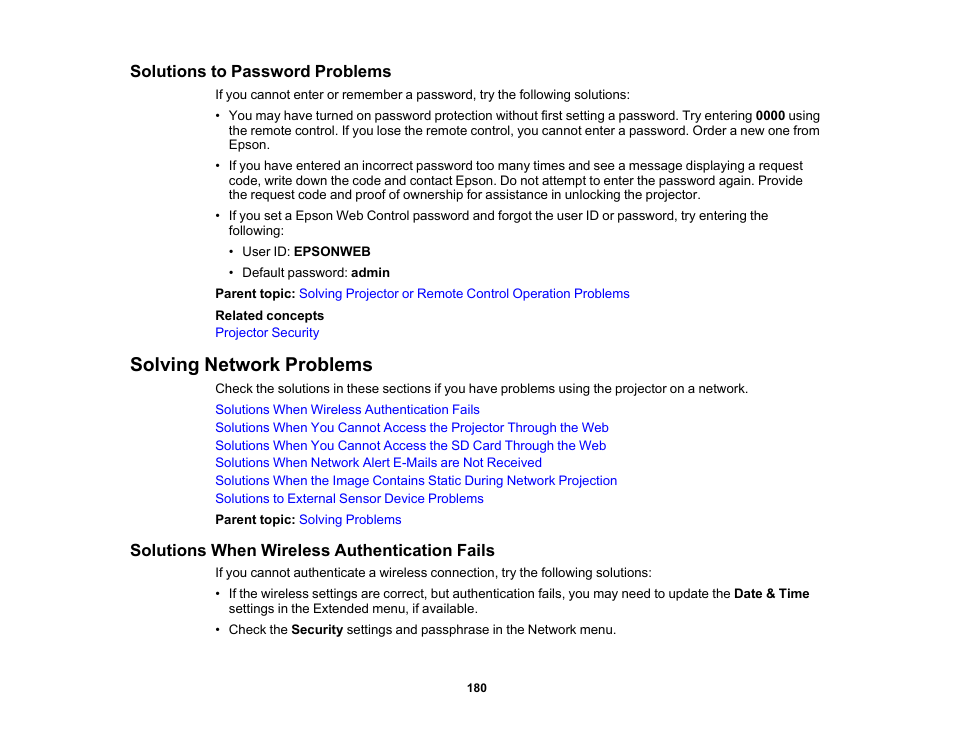 Solutions to password problems, Solving network problems, Solutions when wireless authentication fails | Epson LightScene EV-115 2200-Lumen WXGA Laser 3LCD Projector (Black) User Manual | Page 180 / 210