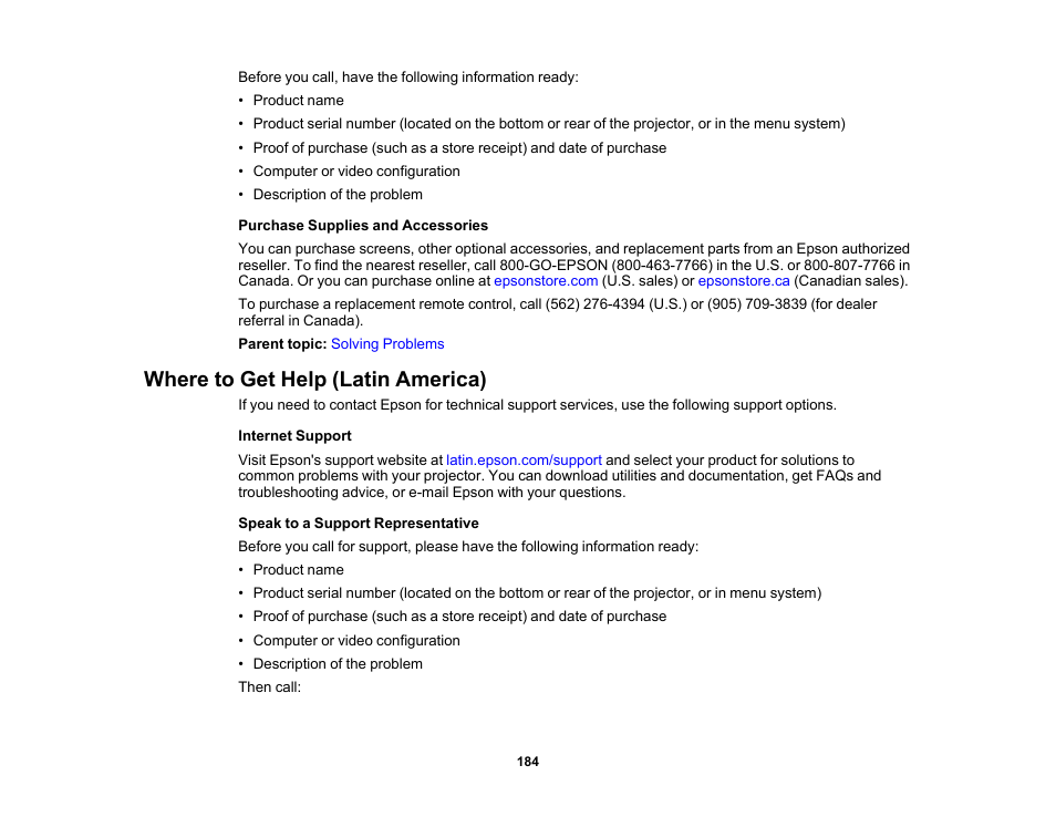 Where to get help (latin america) | Epson LightScene EV-115 2200-Lumen WXGA Laser 3LCD Projector (Black) User Manual | Page 184 / 210