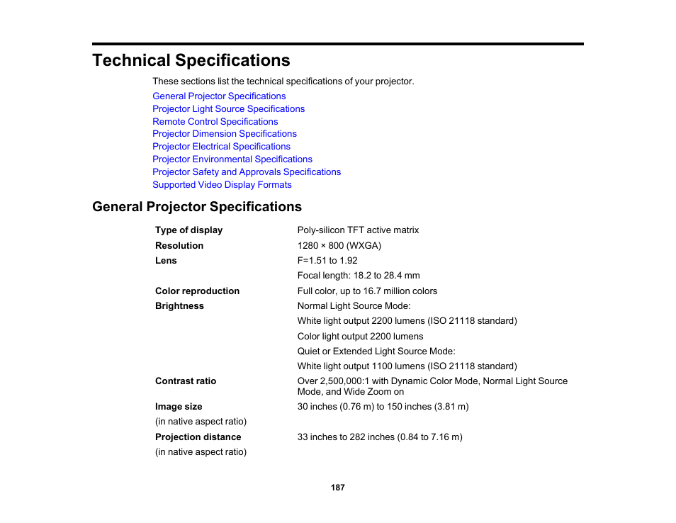 Technical specifications, General projector specifications | Epson LightScene EV-115 2200-Lumen WXGA Laser 3LCD Projector (Black) User Manual | Page 187 / 210