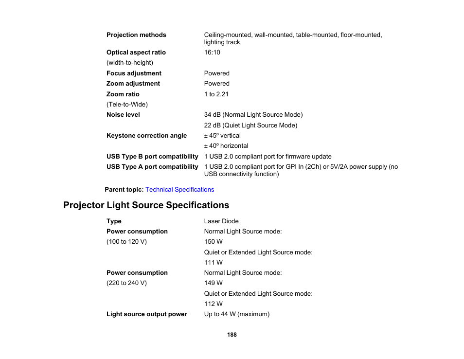 Projector light source specifications | Epson LightScene EV-115 2200-Lumen WXGA Laser 3LCD Projector (Black) User Manual | Page 188 / 210