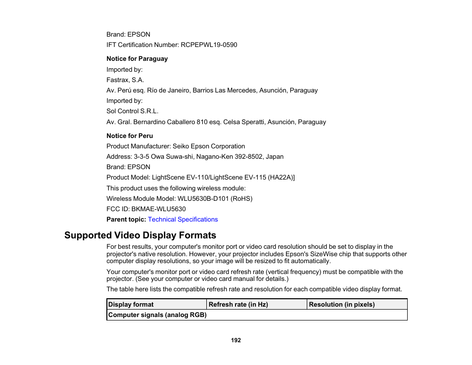 Supported video display formats | Epson LightScene EV-115 2200-Lumen WXGA Laser 3LCD Projector (Black) User Manual | Page 192 / 210