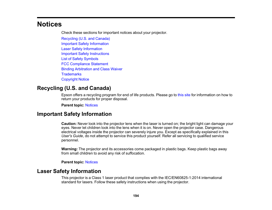 Notices, Recycling (u.s. and canada), Important safety information | Laser safety information | Epson LightScene EV-115 2200-Lumen WXGA Laser 3LCD Projector (Black) User Manual | Page 194 / 210