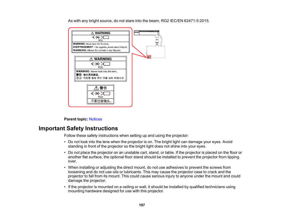 Important safety instructions | Epson LightScene EV-115 2200-Lumen WXGA Laser 3LCD Projector (Black) User Manual | Page 197 / 210