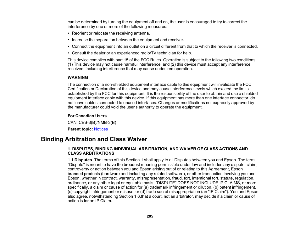 Binding arbitration and class waiver | Epson LightScene EV-115 2200-Lumen WXGA Laser 3LCD Projector (Black) User Manual | Page 205 / 210