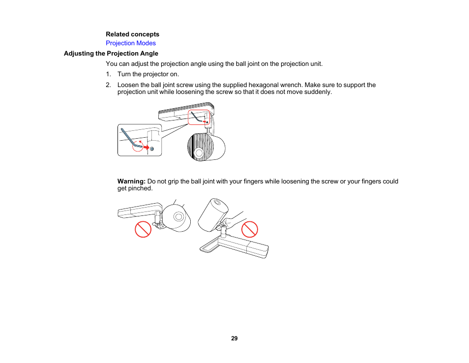 Adjusting the projection angle | Epson LightScene EV-115 2200-Lumen WXGA Laser 3LCD Projector (Black) User Manual | Page 29 / 210