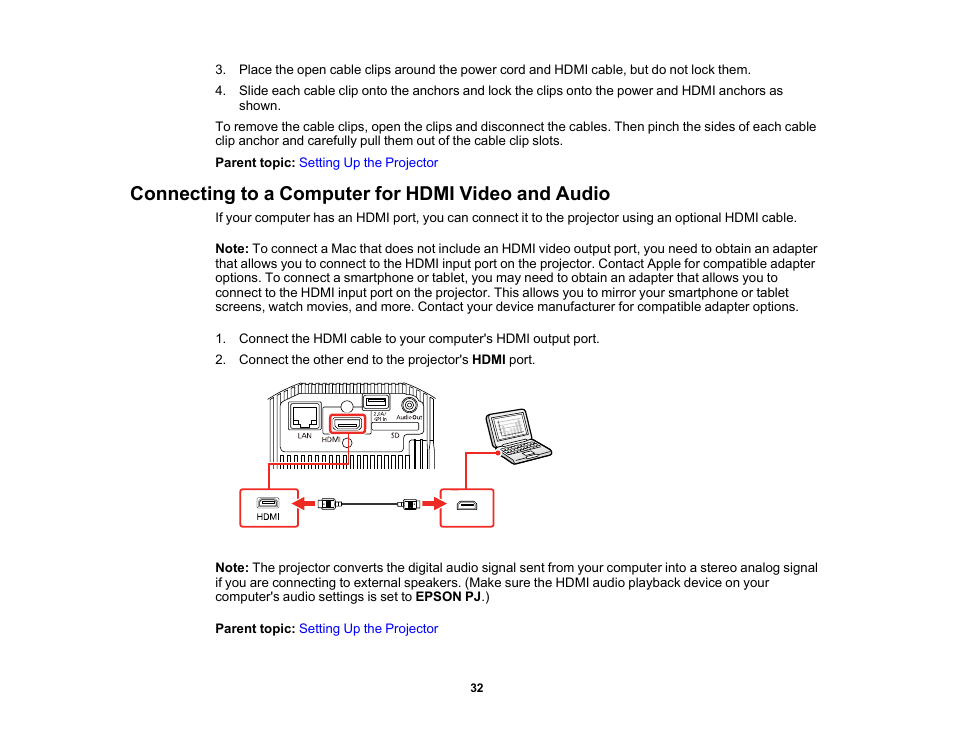 Connecting to a computer for hdmi video and audio | Epson LightScene EV-115 2200-Lumen WXGA Laser 3LCD Projector (Black) User Manual | Page 32 / 210