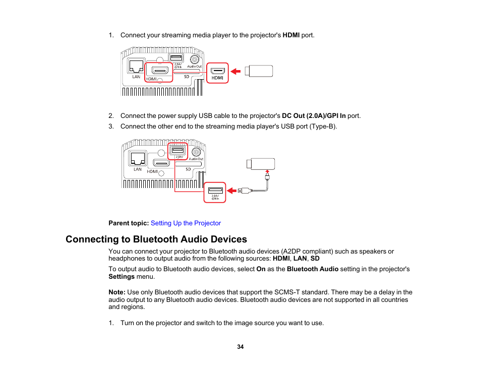 Connecting to bluetooth audio devices | Epson LightScene EV-115 2200-Lumen WXGA Laser 3LCD Projector (Black) User Manual | Page 34 / 210