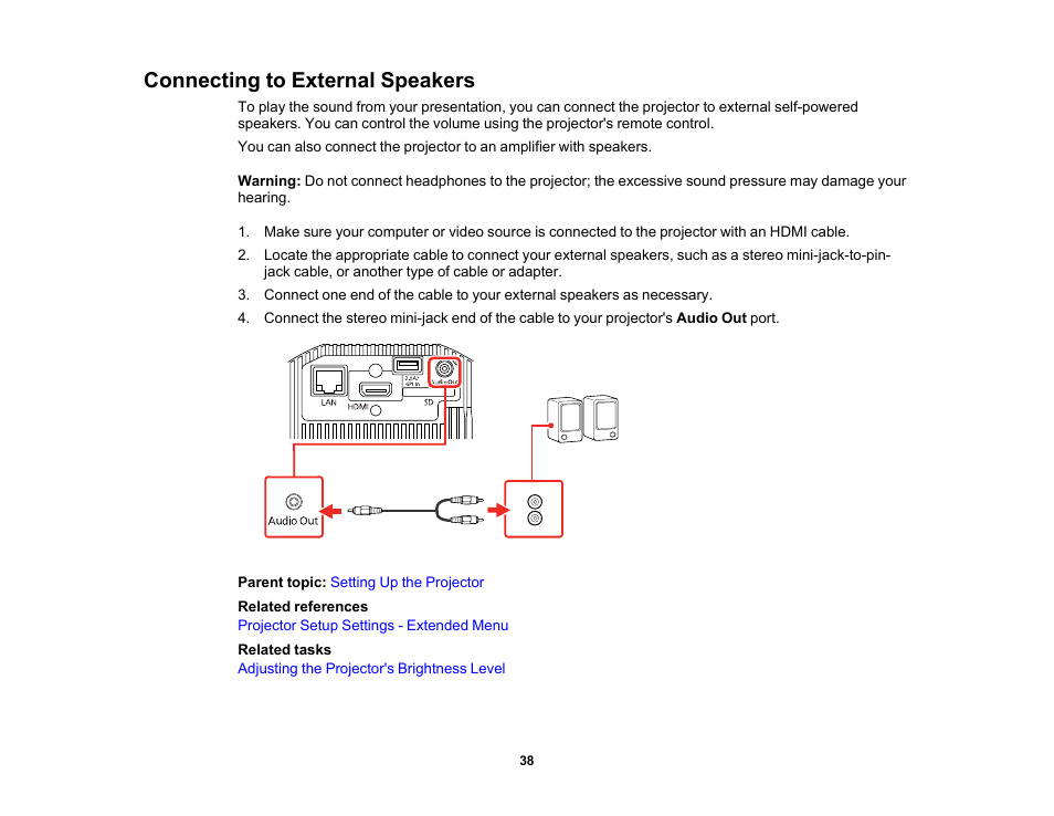 Connecting to external speakers | Epson LightScene EV-115 2200-Lumen WXGA Laser 3LCD Projector (Black) User Manual | Page 38 / 210