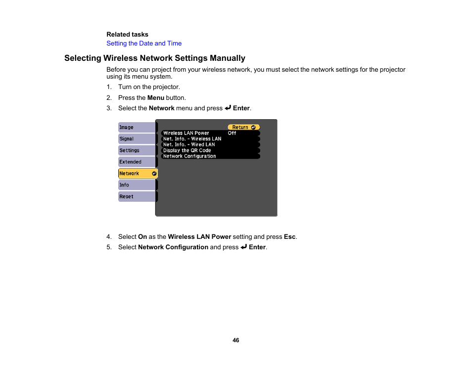 Selecting wireless network settings manually | Epson LightScene EV-115 2200-Lumen WXGA Laser 3LCD Projector (Black) User Manual | Page 46 / 210