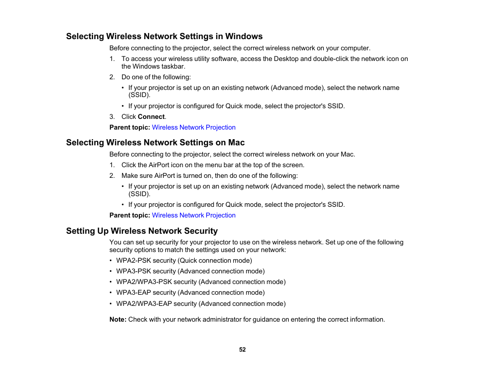 Selecting wireless network settings in windows, Selecting wireless network settings on mac, Setting up wireless network security | Epson LightScene EV-115 2200-Lumen WXGA Laser 3LCD Projector (Black) User Manual | Page 52 / 210