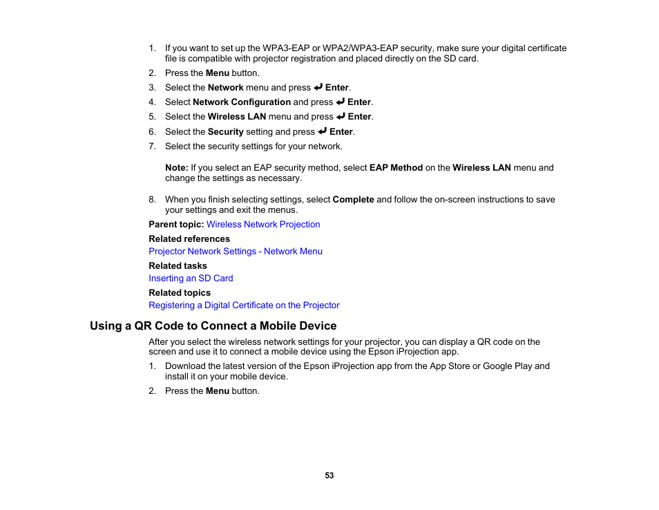 Using a qr code to connect a mobile device | Epson LightScene EV-115 2200-Lumen WXGA Laser 3LCD Projector (Black) User Manual | Page 53 / 210