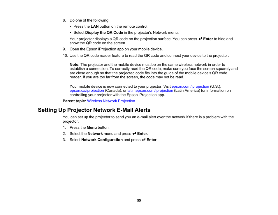 Setting up projector network e-mail alerts | Epson LightScene EV-115 2200-Lumen WXGA Laser 3LCD Projector (Black) User Manual | Page 55 / 210