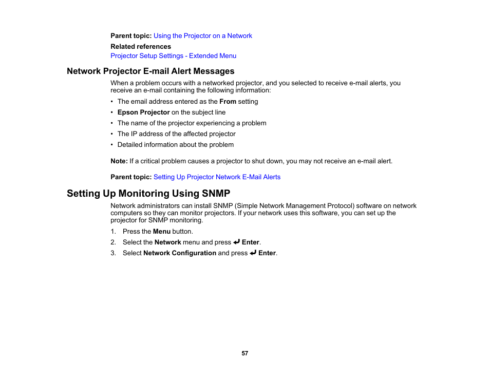 Network projector e-mail alert messages, Setting up monitoring using snmp | Epson LightScene EV-115 2200-Lumen WXGA Laser 3LCD Projector (Black) User Manual | Page 57 / 210