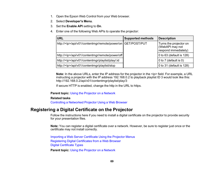 Registering a digital certificate on the projector | Epson LightScene EV-115 2200-Lumen WXGA Laser 3LCD Projector (Black) User Manual | Page 69 / 210