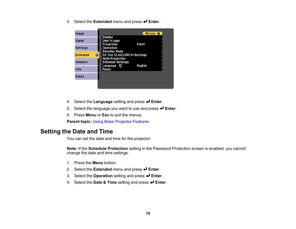 Setting the date and time | Epson LightScene EV-115 2200-Lumen WXGA Laser 3LCD Projector (Black) User Manual | Page 79 / 210