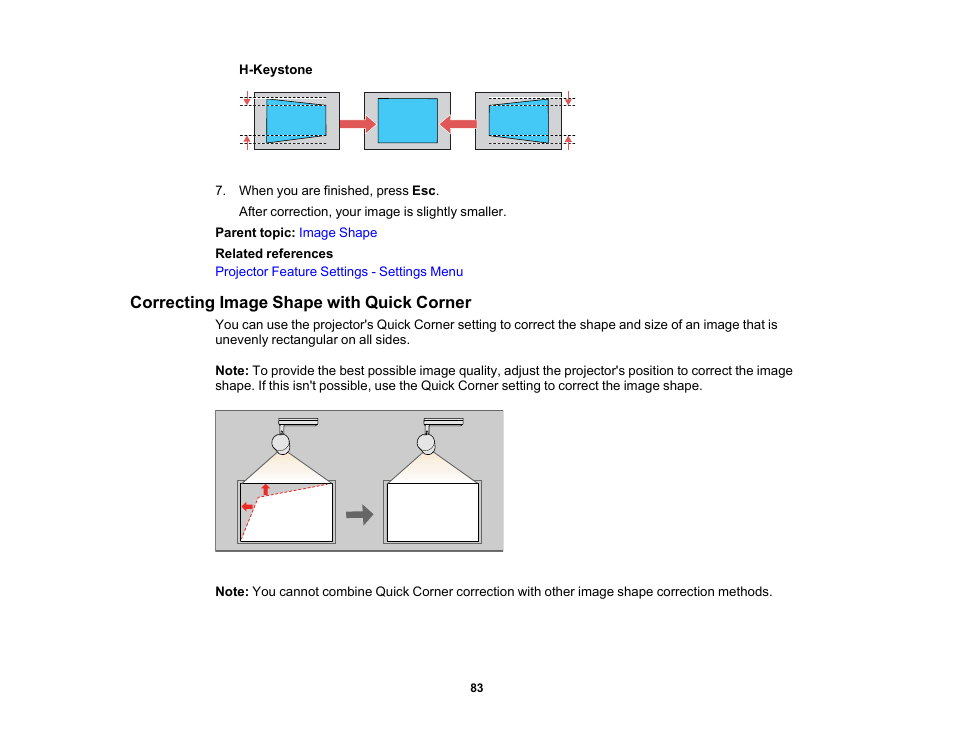 Correcting image shape with quick corner | Epson LightScene EV-115 2200-Lumen WXGA Laser 3LCD Projector (Black) User Manual | Page 83 / 210