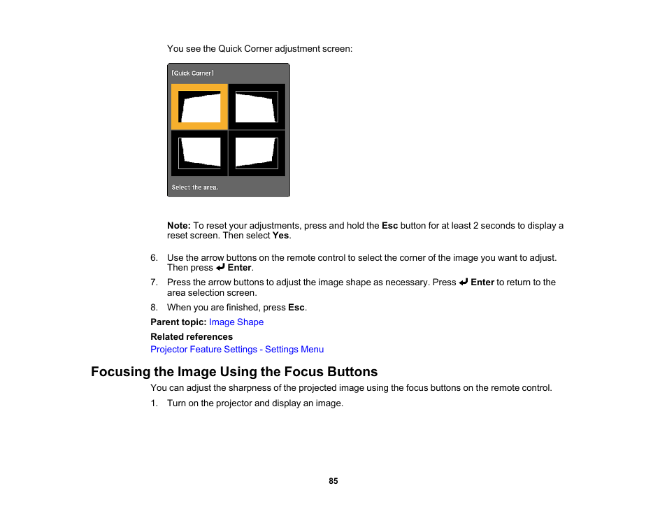 Focusing the image using the focus buttons | Epson LightScene EV-115 2200-Lumen WXGA Laser 3LCD Projector (Black) User Manual | Page 85 / 210