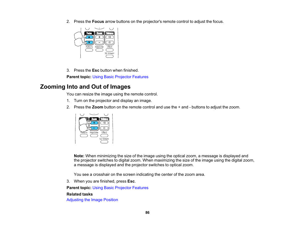 Zooming into and out of images | Epson LightScene EV-115 2200-Lumen WXGA Laser 3LCD Projector (Black) User Manual | Page 86 / 210