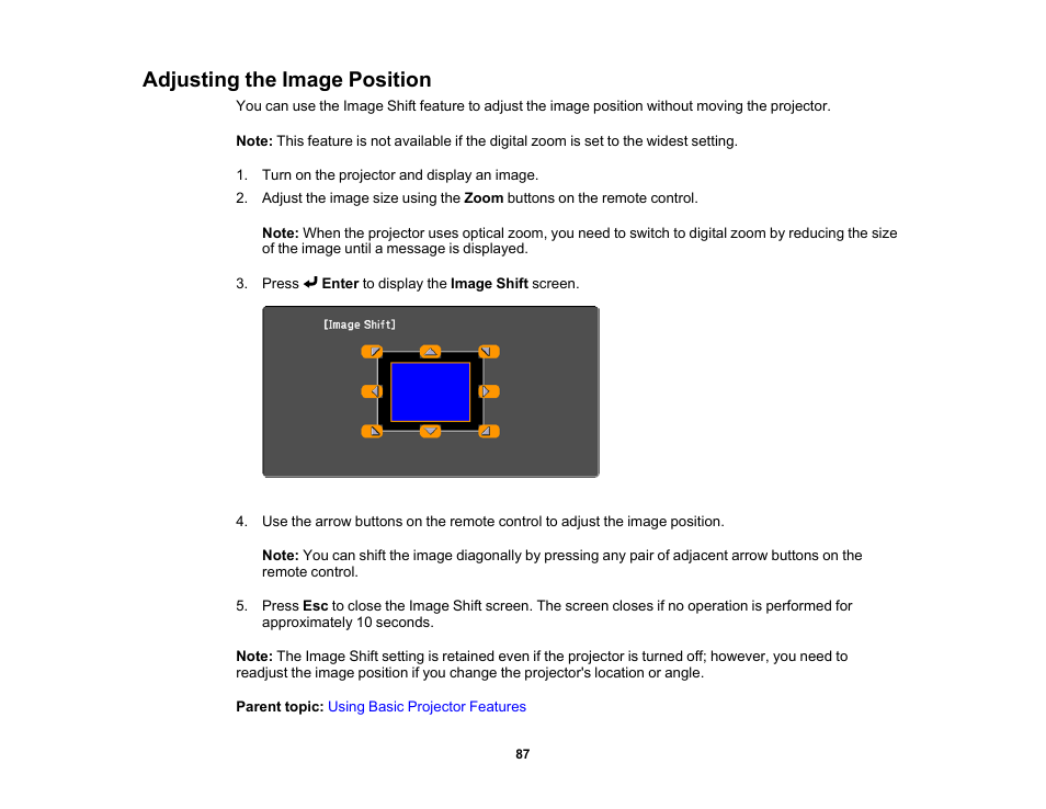 Adjusting the image position | Epson LightScene EV-115 2200-Lumen WXGA Laser 3LCD Projector (Black) User Manual | Page 87 / 210