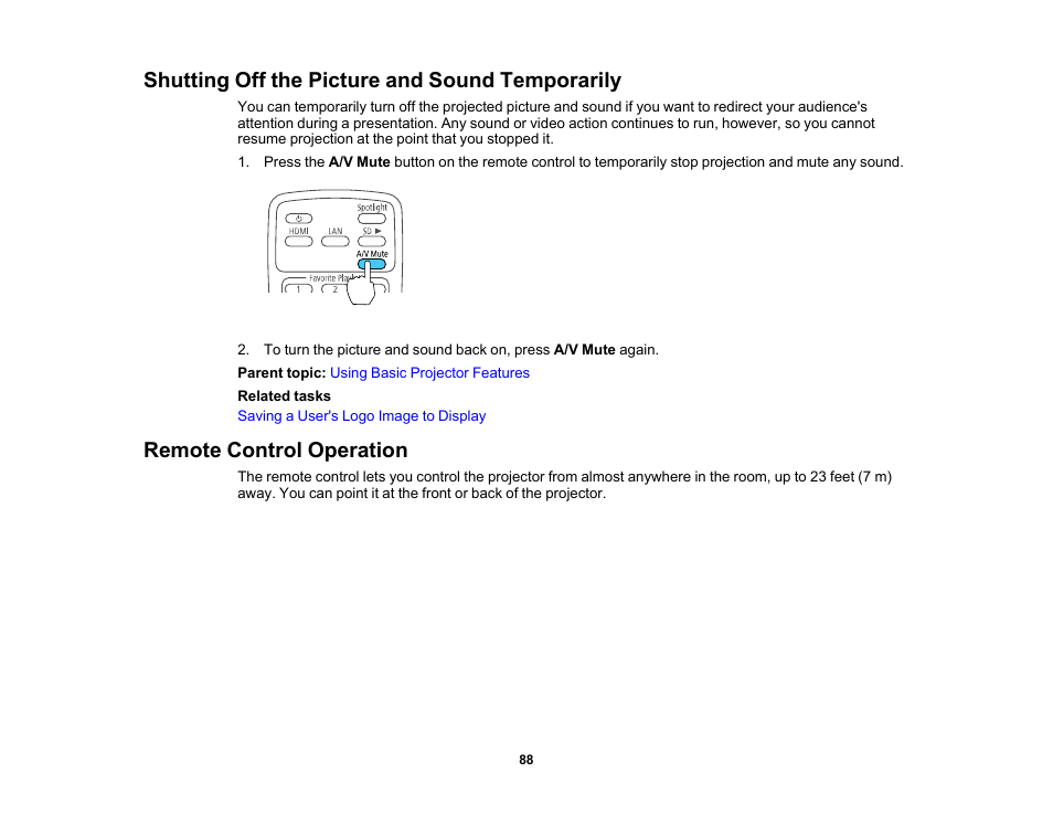 Shutting off the picture and sound temporarily, Remote control operation | Epson LightScene EV-115 2200-Lumen WXGA Laser 3LCD Projector (Black) User Manual | Page 88 / 210