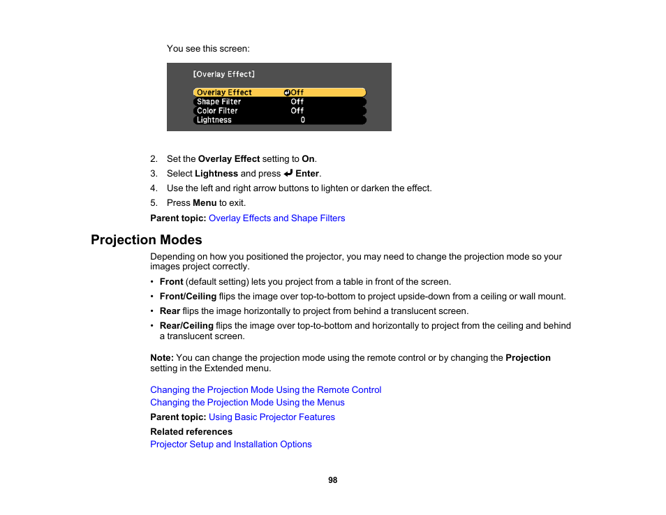 Projection modes | Epson LightScene EV-115 2200-Lumen WXGA Laser 3LCD Projector (Black) User Manual | Page 98 / 210