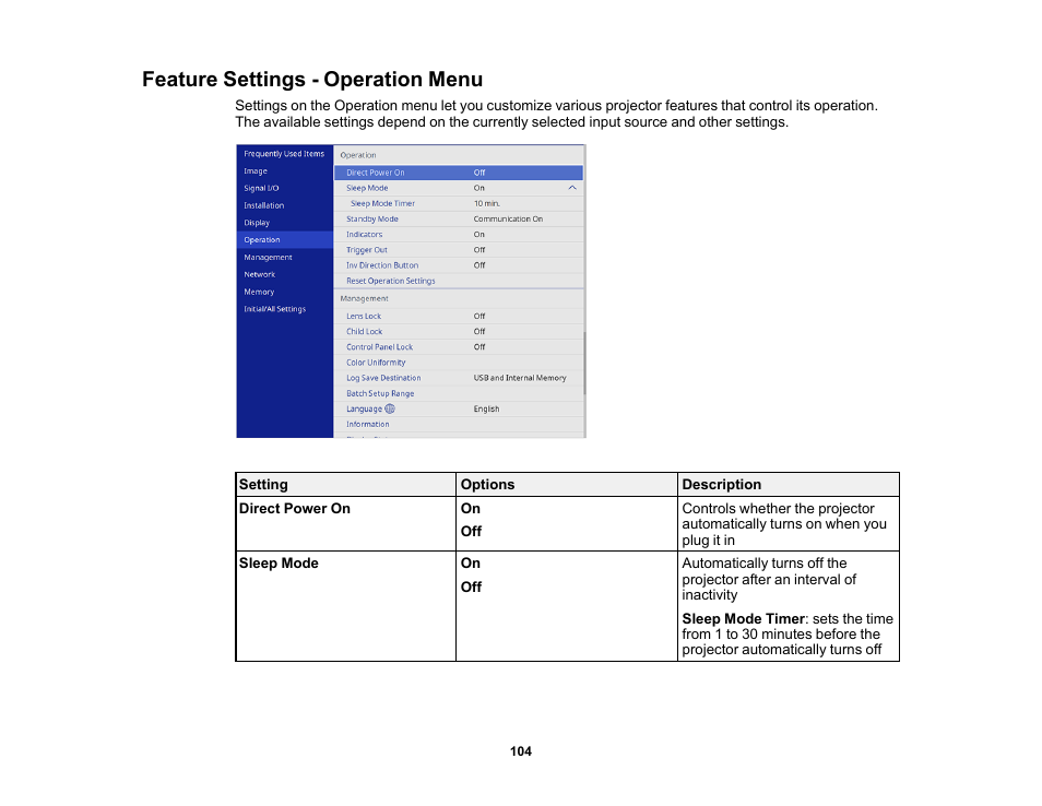 Feature settings - operation menu | Epson Home Cinema LS11000 2500-Lumen Pixel-Shift 4K UHD Laser 3LCD Projector User Manual | Page 104 / 166
