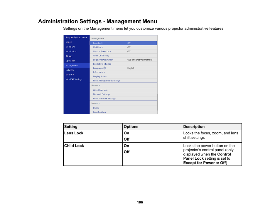 Administration settings - management menu | Epson Home Cinema LS11000 2500-Lumen Pixel-Shift 4K UHD Laser 3LCD Projector User Manual | Page 106 / 166