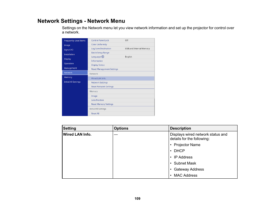 Network settings - network menu | Epson Home Cinema LS11000 2500-Lumen Pixel-Shift 4K UHD Laser 3LCD Projector User Manual | Page 109 / 166