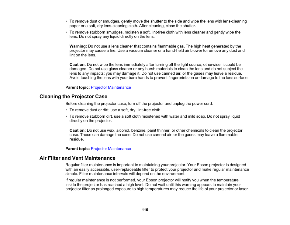 Cleaning the projector case, Air filter and vent maintenance | Epson Home Cinema LS11000 2500-Lumen Pixel-Shift 4K UHD Laser 3LCD Projector User Manual | Page 115 / 166