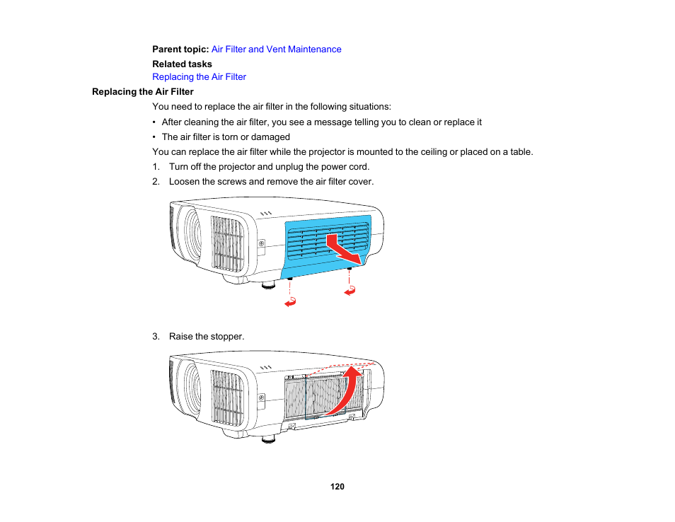 Replacing the air filter | Epson Home Cinema LS11000 2500-Lumen Pixel-Shift 4K UHD Laser 3LCD Projector User Manual | Page 120 / 166