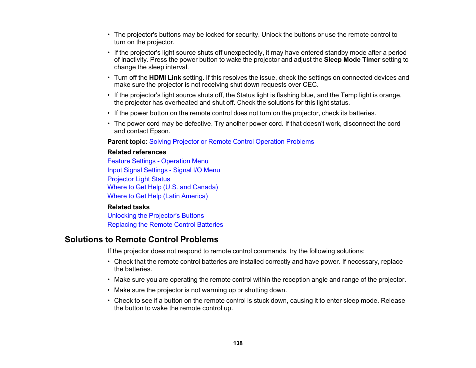 Solutions to remote control problems | Epson Home Cinema LS11000 2500-Lumen Pixel-Shift 4K UHD Laser 3LCD Projector User Manual | Page 138 / 166