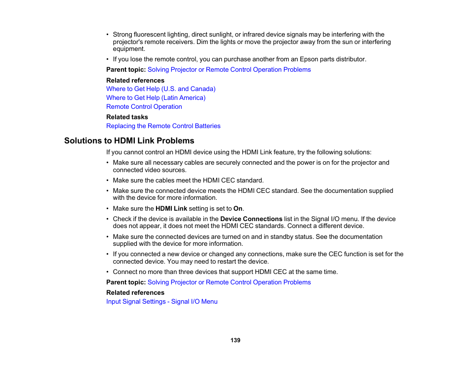 Solutions to hdmi link problems | Epson Home Cinema LS11000 2500-Lumen Pixel-Shift 4K UHD Laser 3LCD Projector User Manual | Page 139 / 166