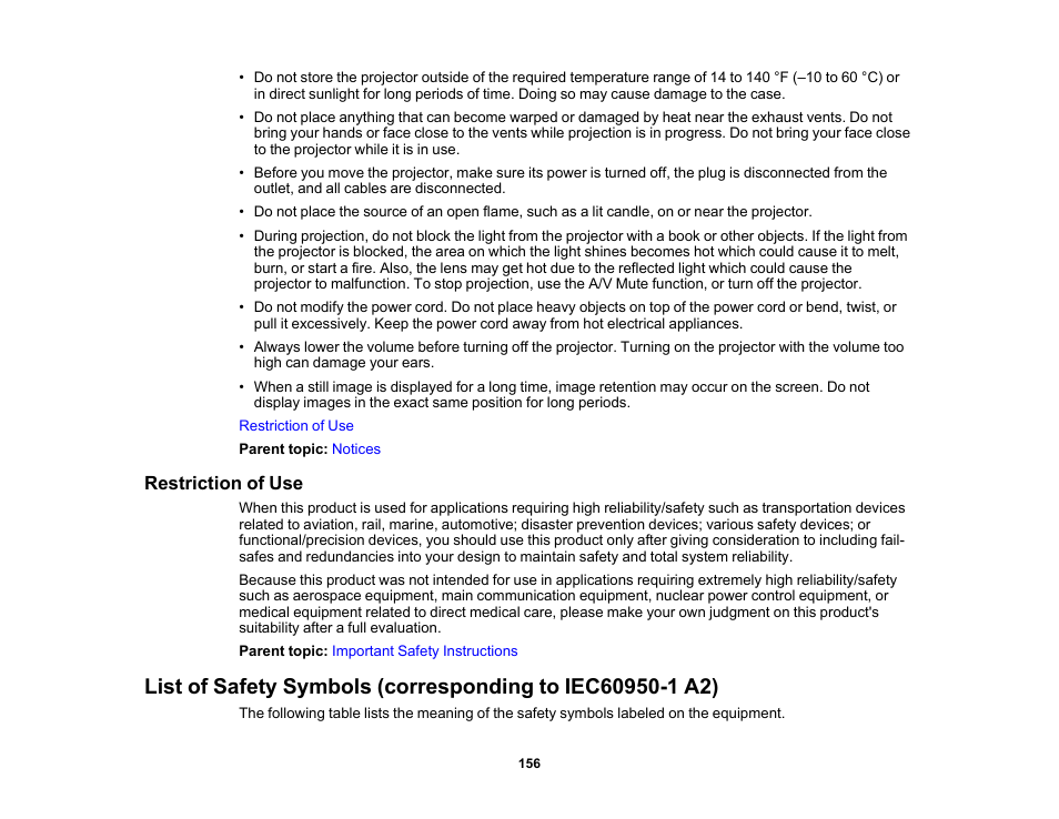 Restriction of use | Epson Home Cinema LS11000 2500-Lumen Pixel-Shift 4K UHD Laser 3LCD Projector User Manual | Page 156 / 166